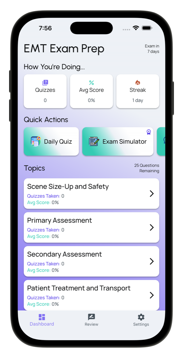 EMT Exam Prep dashboard with daily quizzes, exam simulator, and study topics