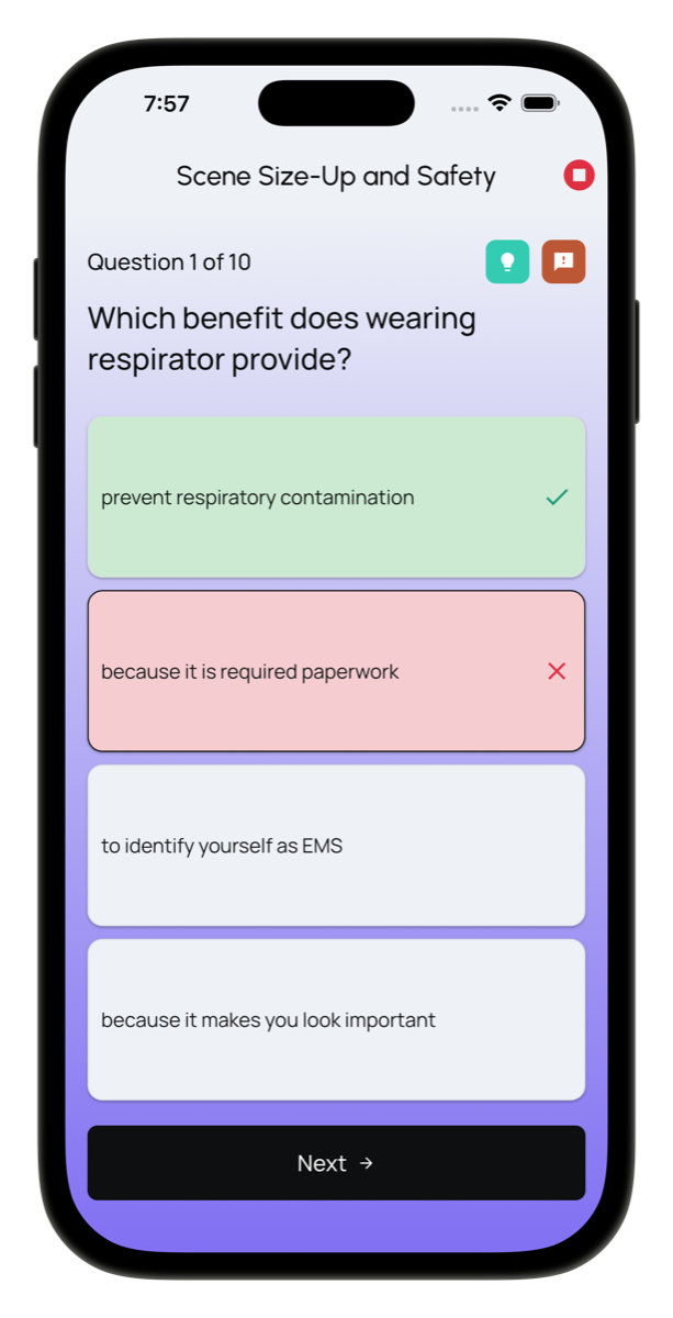 EMT Exam Prep topic quiz showing answer feedback